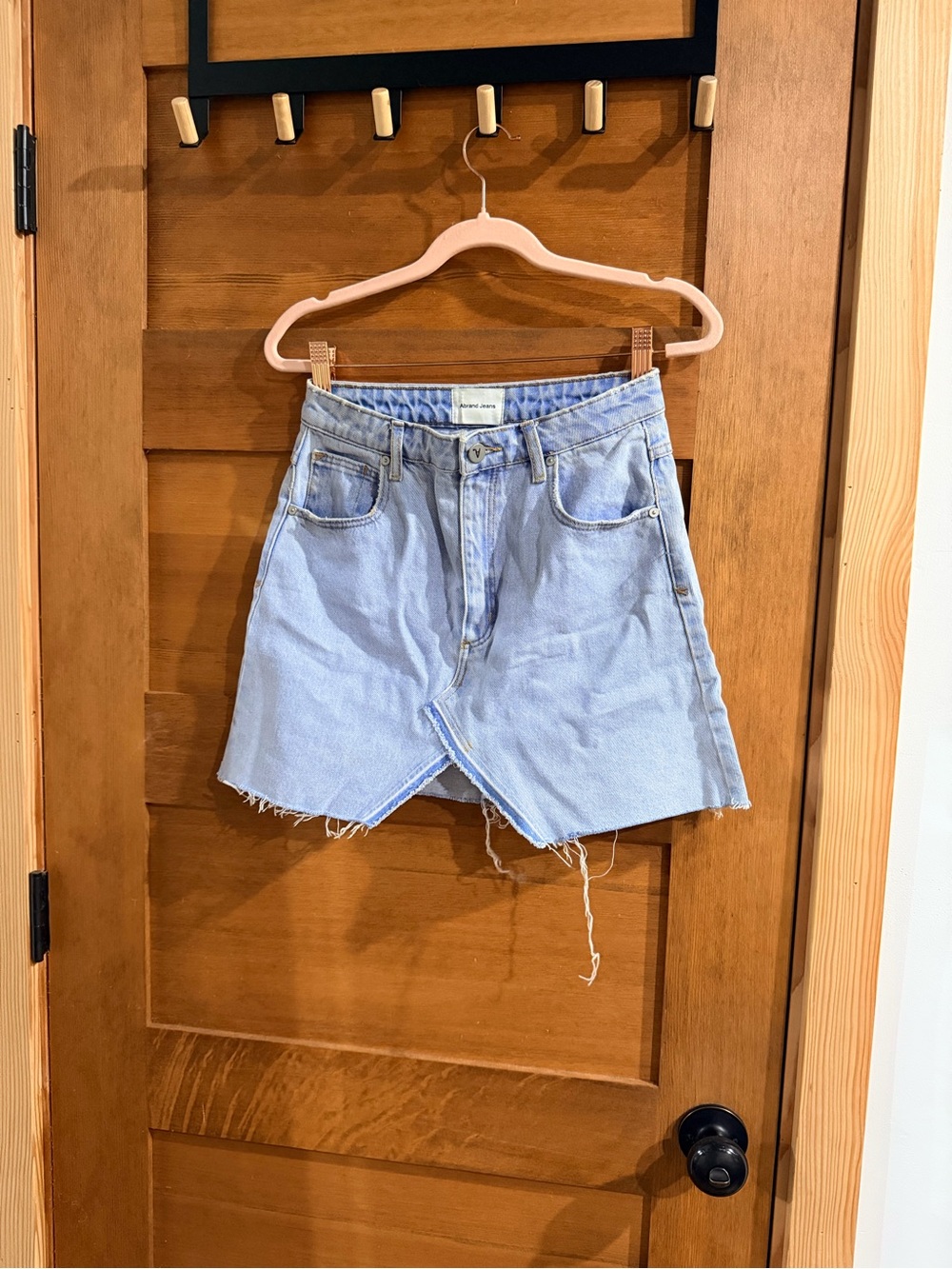 Abrand Light Blue Denim Mini Skirt with Frayed V-Hem